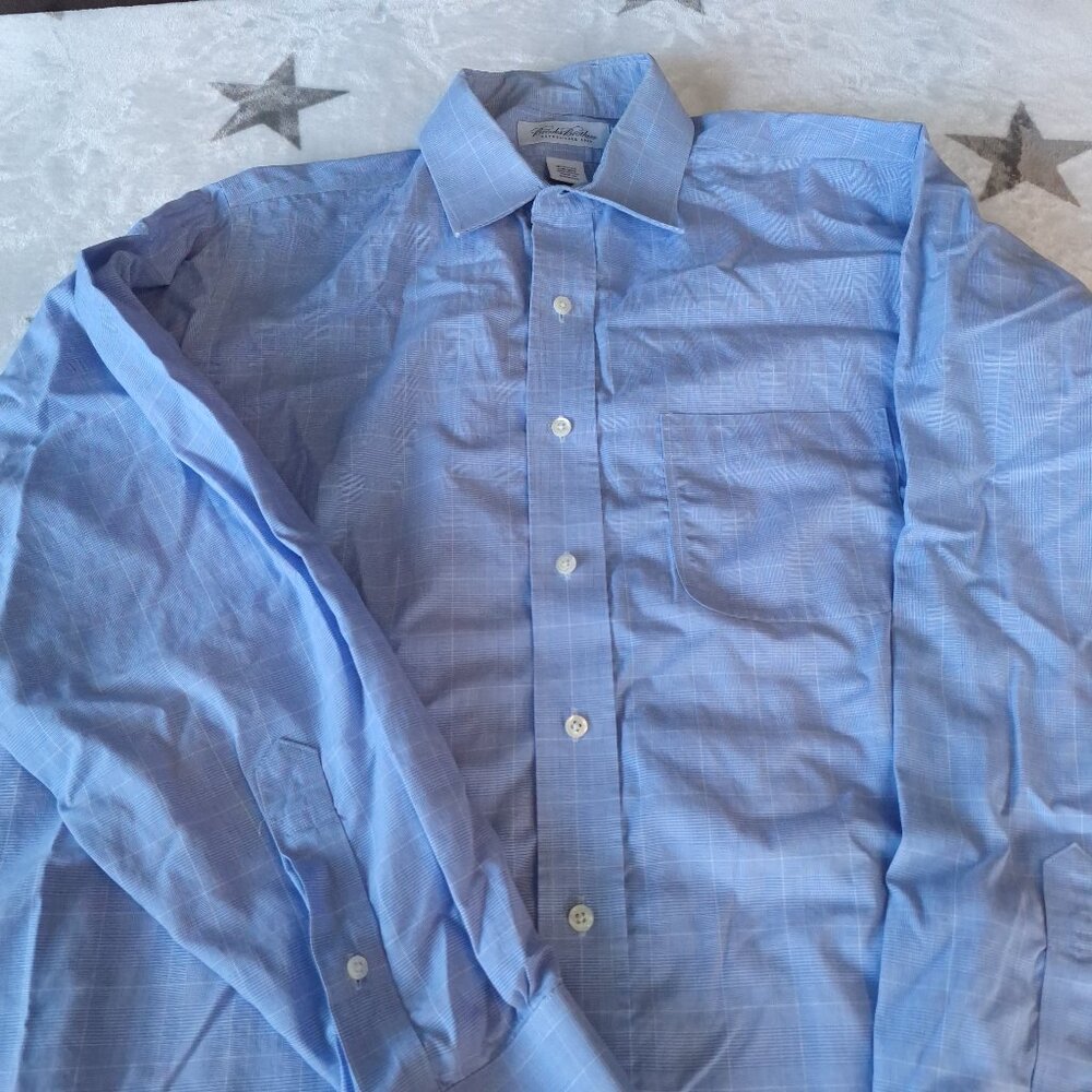 Brooks‎ Brothers Dress Shirt Mens 16 34/35 Blue Plaid Check No Iron Long Sleeve